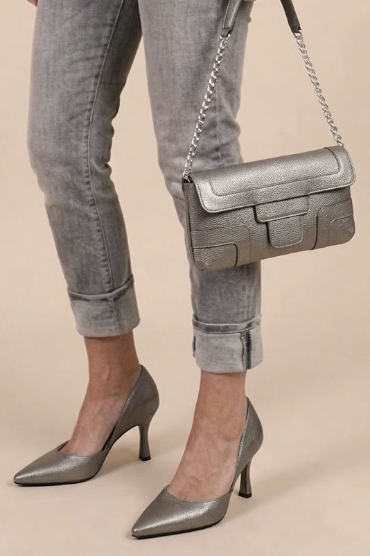 Women's taupe d'orsay pumps with pointed toe and high slim heel - Worn view